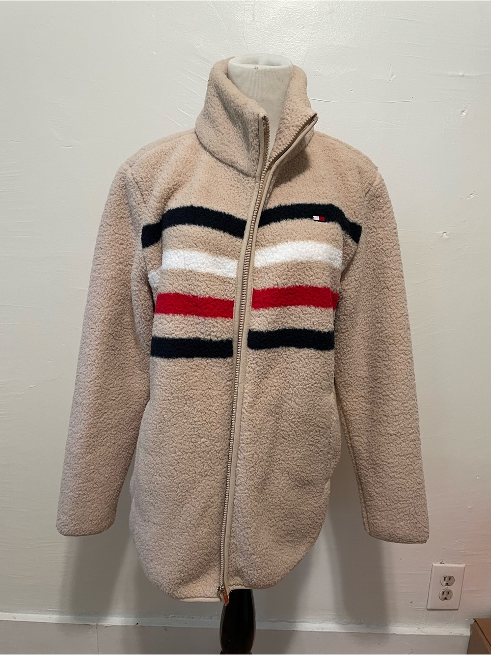 Tommy Hilfiger Beige Sherpa Jacket with Red, White & Navy Stripes